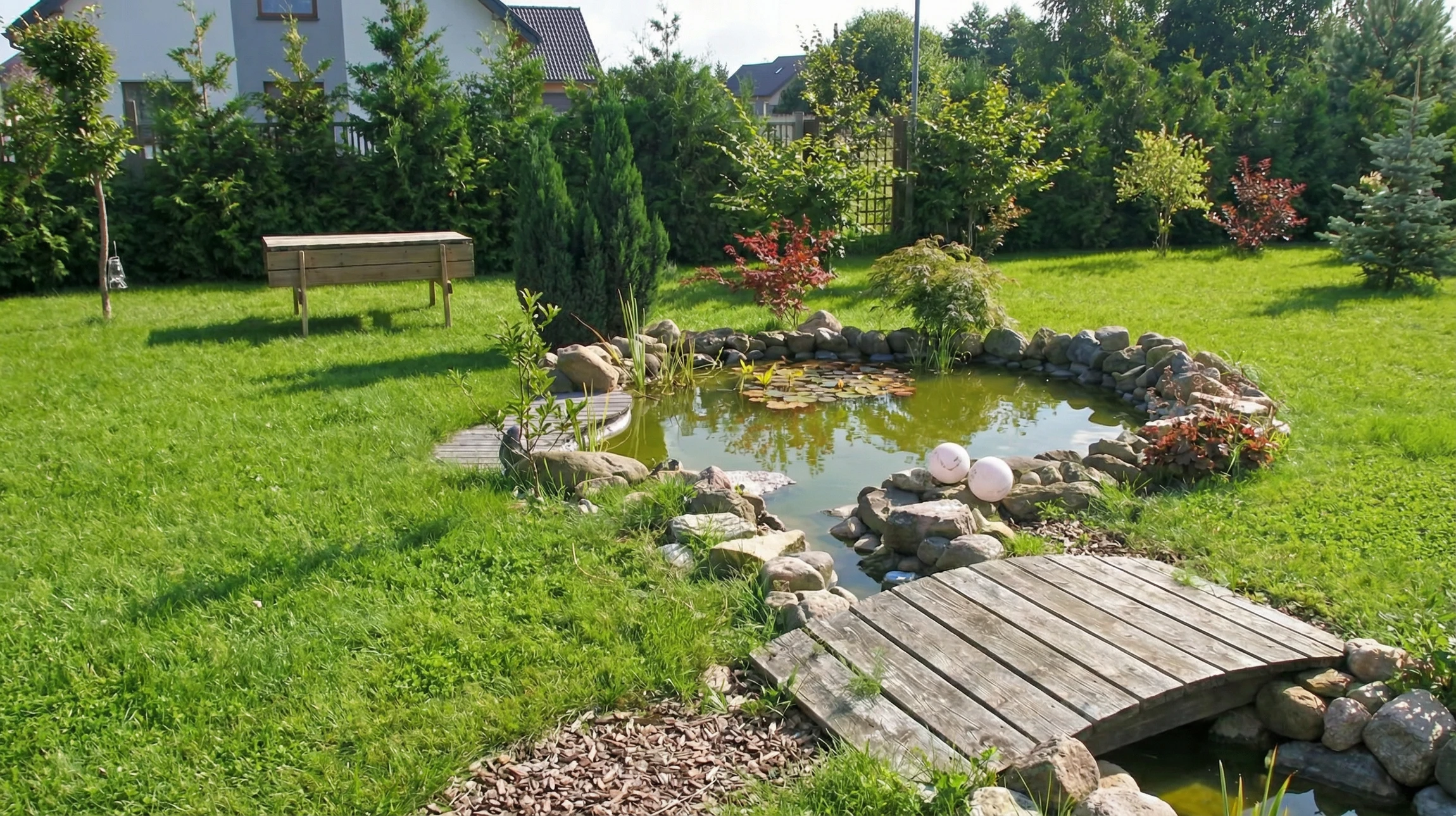 Bassin d'ornement circulaire aménagé dans un jardin paysager avec nénuphars et plantes aquatiques